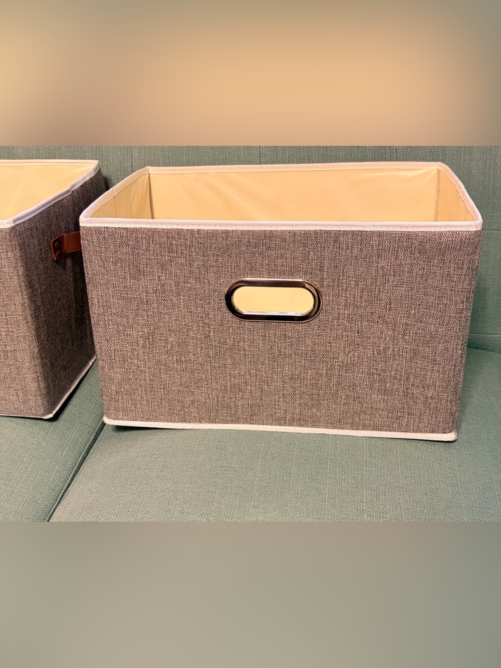 Set of 2-Gray Fabric Storage Bin with Brown Handles